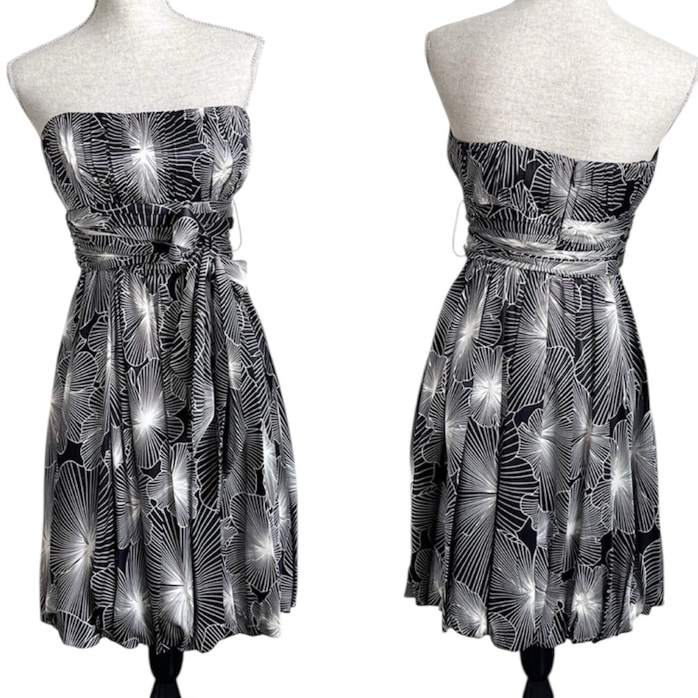 BCBGMaxAzria Strapless Silk Bubble Dress Black White Floral Size 8